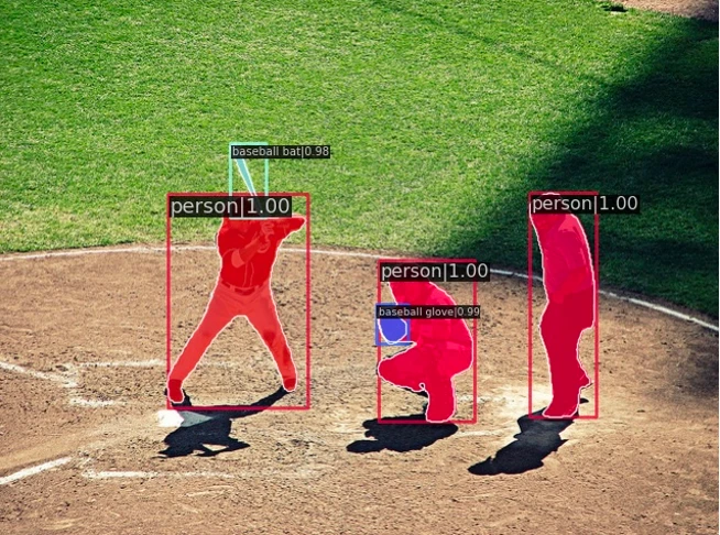 SViT predictions for all three people and the baseball equipment.