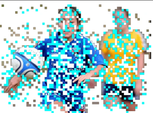 The same football scene with active image tokens, cyan tokens that will reactivate, and white tokens that will not.